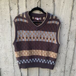 UO Knit Sweater Vest Chocolate Brown Checkered Academia Electric Grandpa Indie S